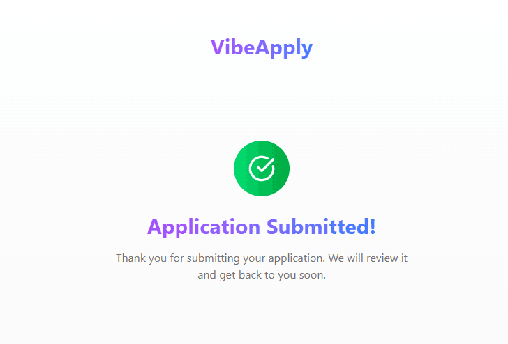 VibeApply Application Submitted Screenshot