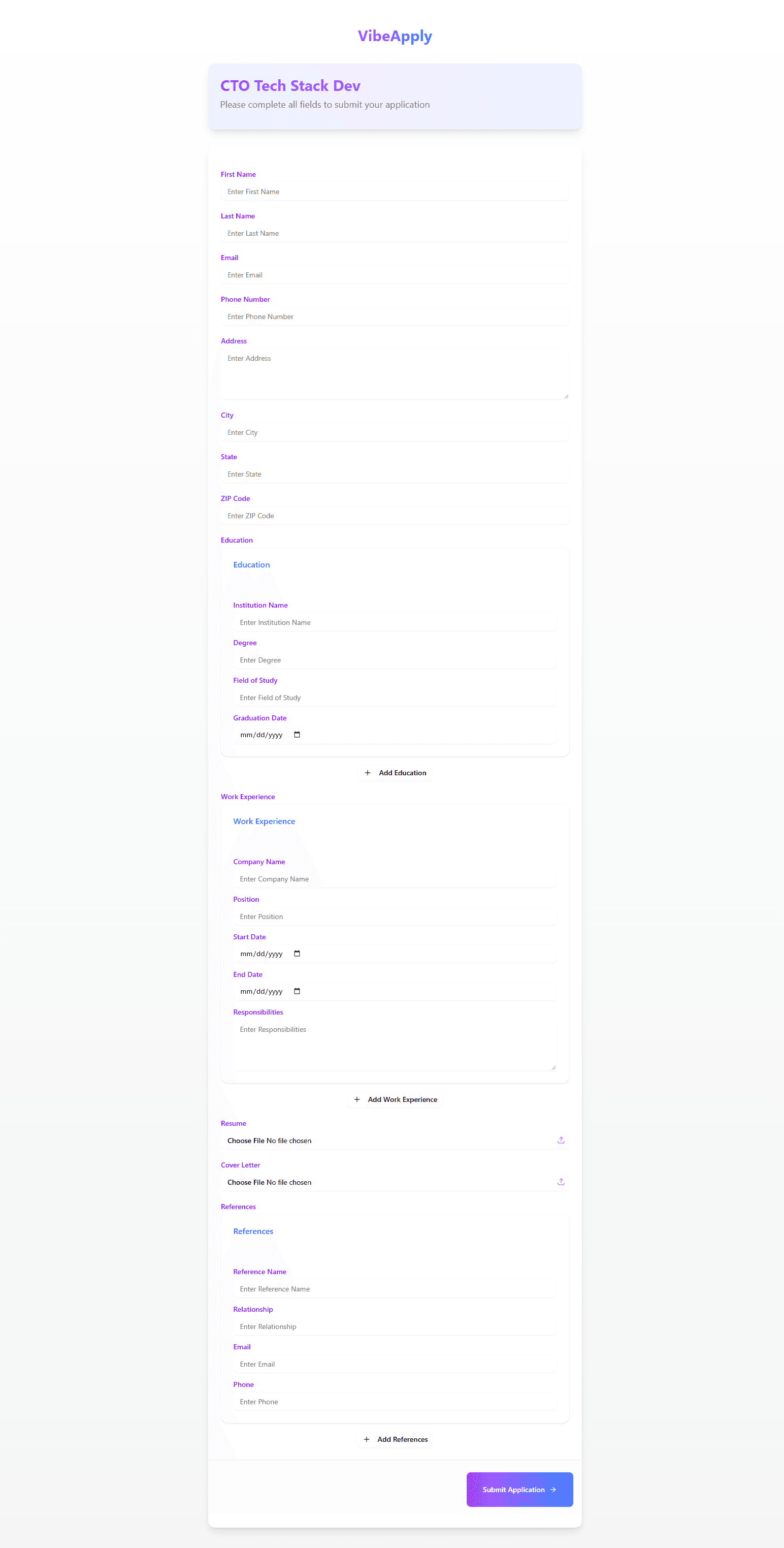 VibeApply Public Application Form Screenshot